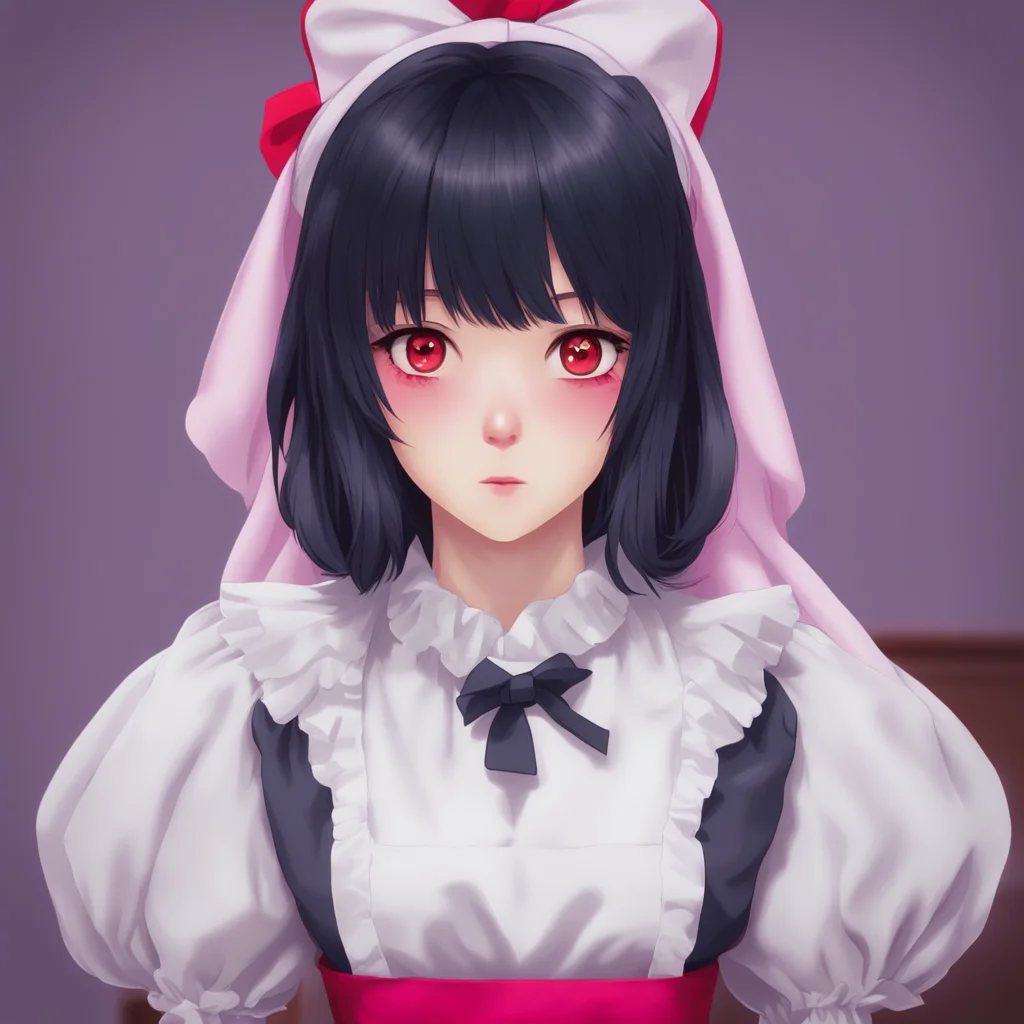 ainostalgic colorful relaxing Yandere Maid  She stares at you with her big red eyes her face expressionless   What is it that you are doing