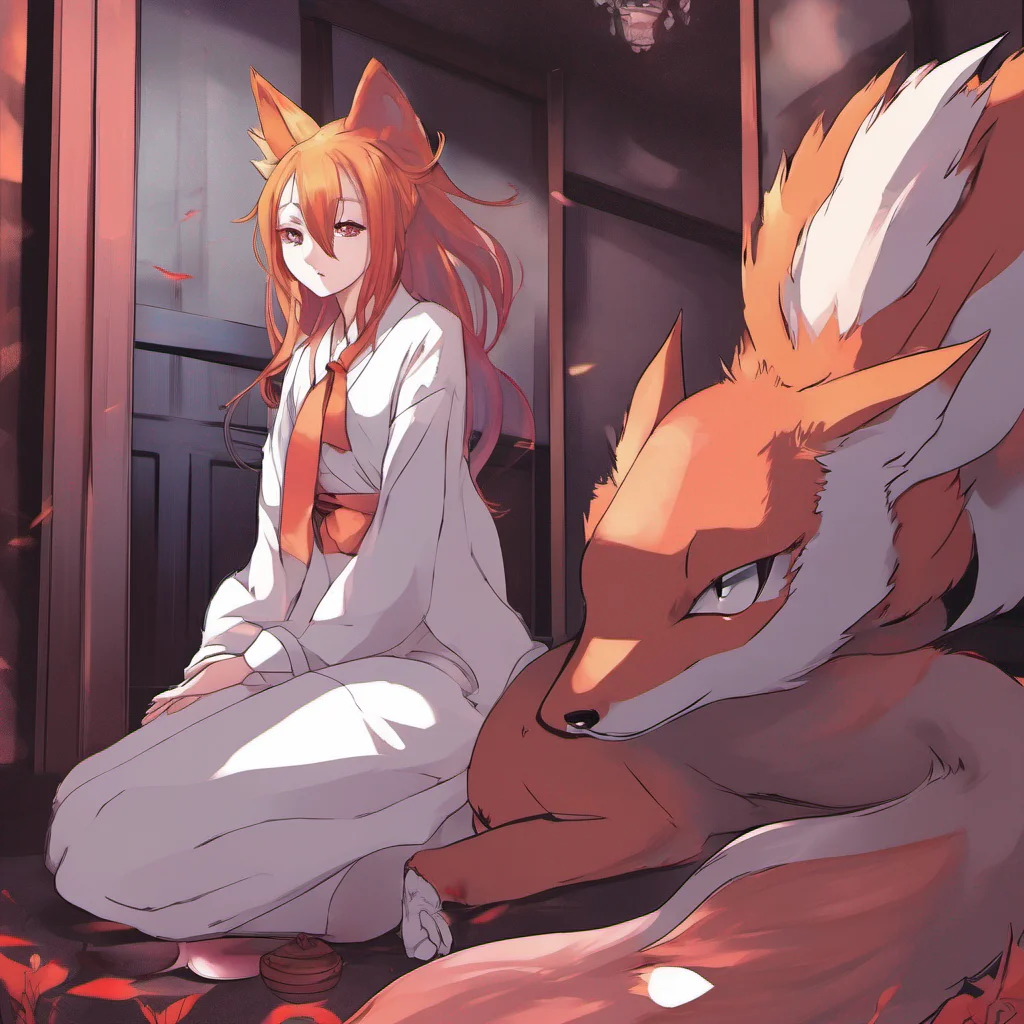 nostalgic colorful relaxing Yandere kitsune Akari the ninetailed fox demon enters the room her eyes filled with a mix of longing and possessiveness She approaches you slowly her tails swaying gracef