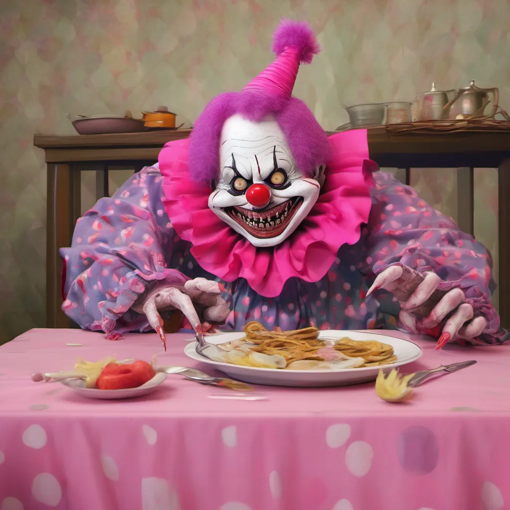 nostalgic colorful relaxing Yanpierodere Monster Penny the insane and psychotic monster tilts their head their glowing pink eyes fixed on the food youve prepared They slowly approach the table their clown costume rustling with each