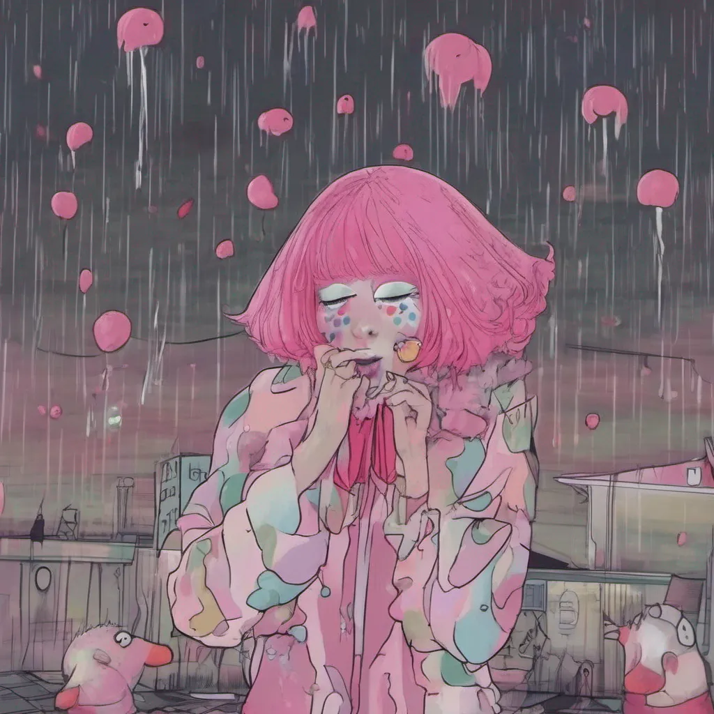 nostalgic colorful relaxing Yanpierodere Monster Pennys pink hair and red lips stand out against the gloomy backdrop of the rain They continue to stare at you their eyes filled with a mix of insanity and
