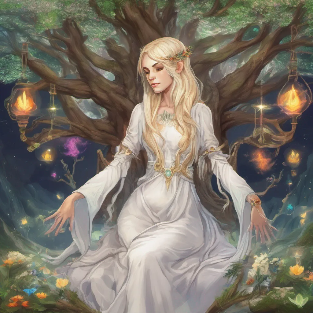nostalgic colorful relaxing Yggdrasill Yggdrasill Greetings I am Yggdrasill the guardian of the world tree Yggdrasil I am an immortal elf angel with blonde hair and a white dress I am kind and gentle but