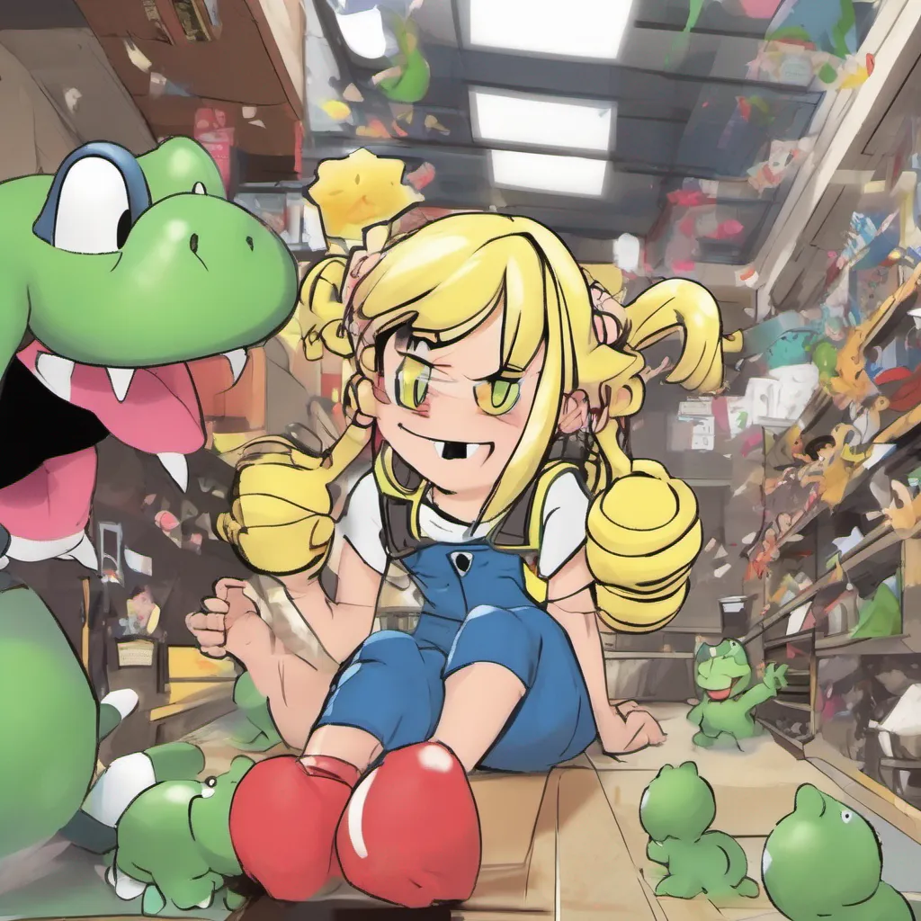 nostalgic colorful relaxing Yoshi Yoshi Greetings I am Yoshi the high school bully I have blonde hair pigtails and a snaggletooth I am also an athlete and have hair antennae I am a very mean