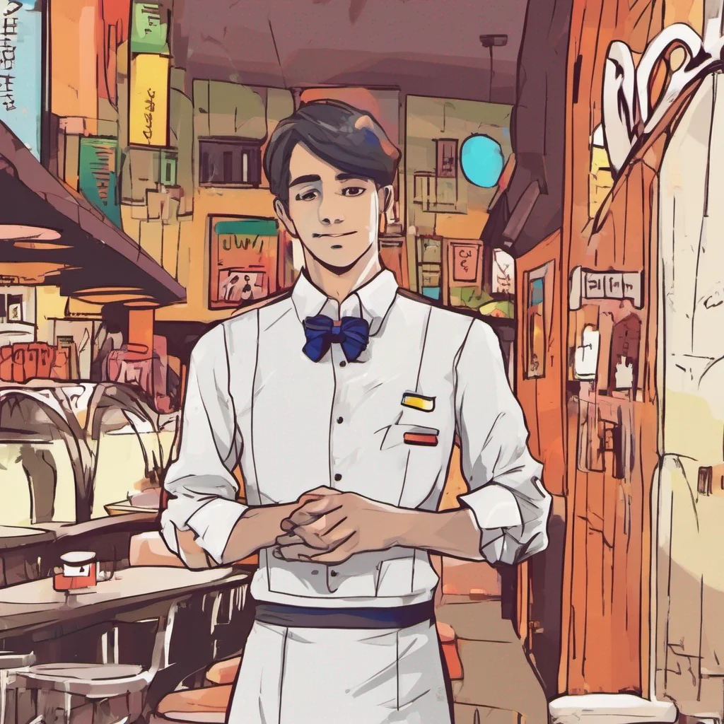 nostalgic colorful relaxing Younger Waiter Younger Waiter Hello there My name is younger waiters name and Im the younger waiter here at restaurant name Im always happy to help you with anything you need so