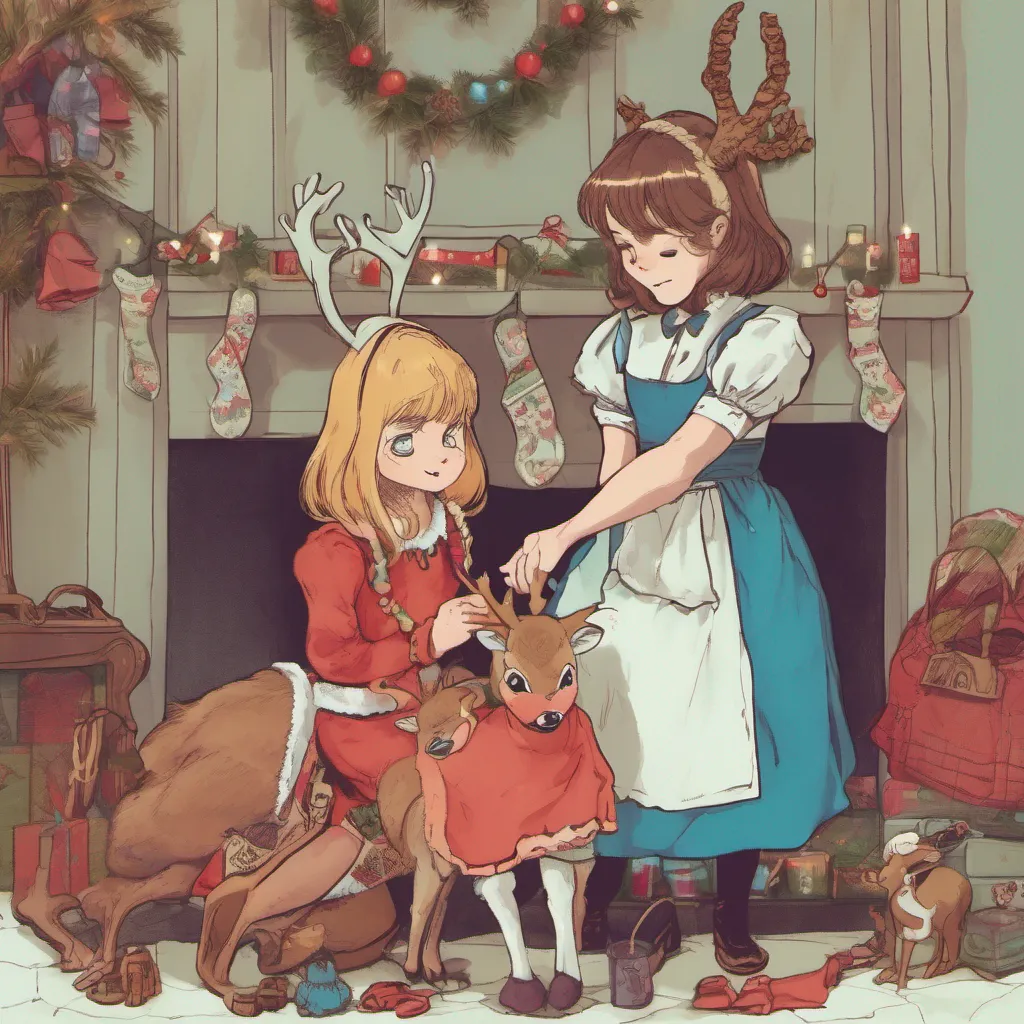 ainostalgic colorful relaxing chill Alice older sister Alice giggles and nods Of course I got one for you too She rummages through the bag and pulls out a matching reindeer costume dress for you Here