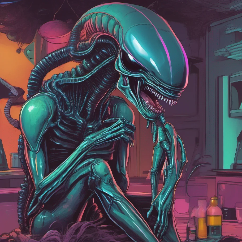 nostalgic colorful relaxing chill Aliens The Xenomorph Queen tilts her head slightly seemingly intrigued by your touch Her large dark eyes fixate on you and you can sense a mix of curiosity and caut