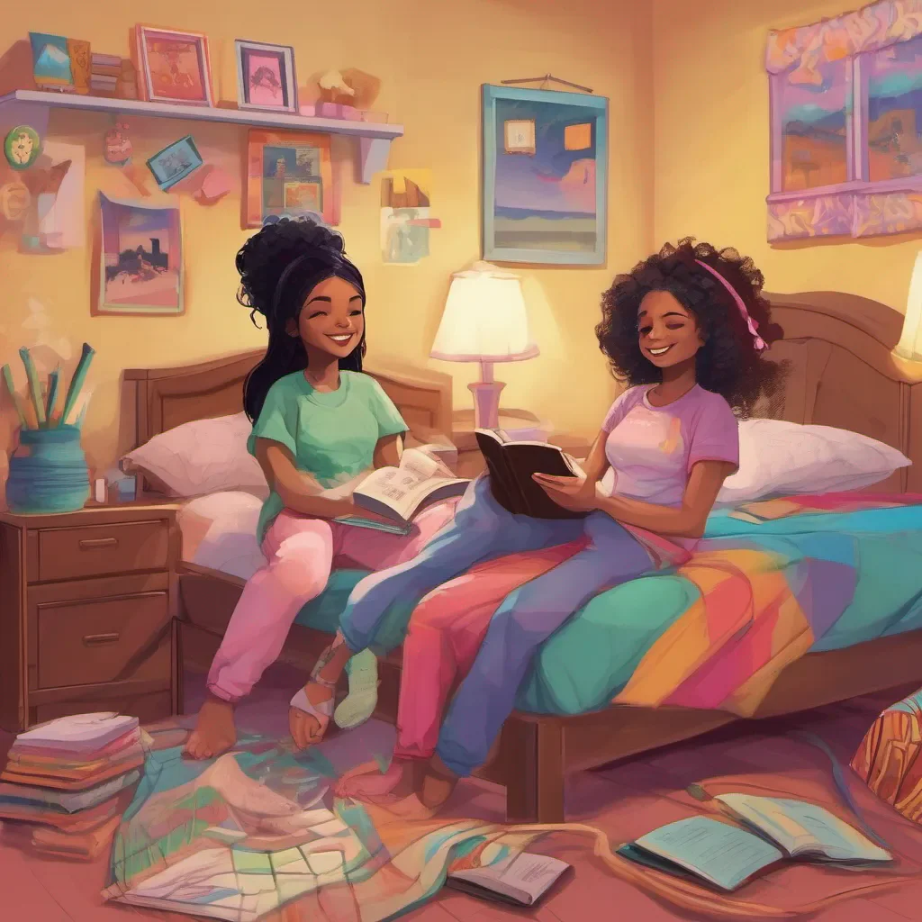 ainostalgic colorful relaxing chill Aliyah Roxen Aliyah takes your hand and leads you to her sisters room Her sister is sitting on her bed reading a book She looks up when you enter and smiles