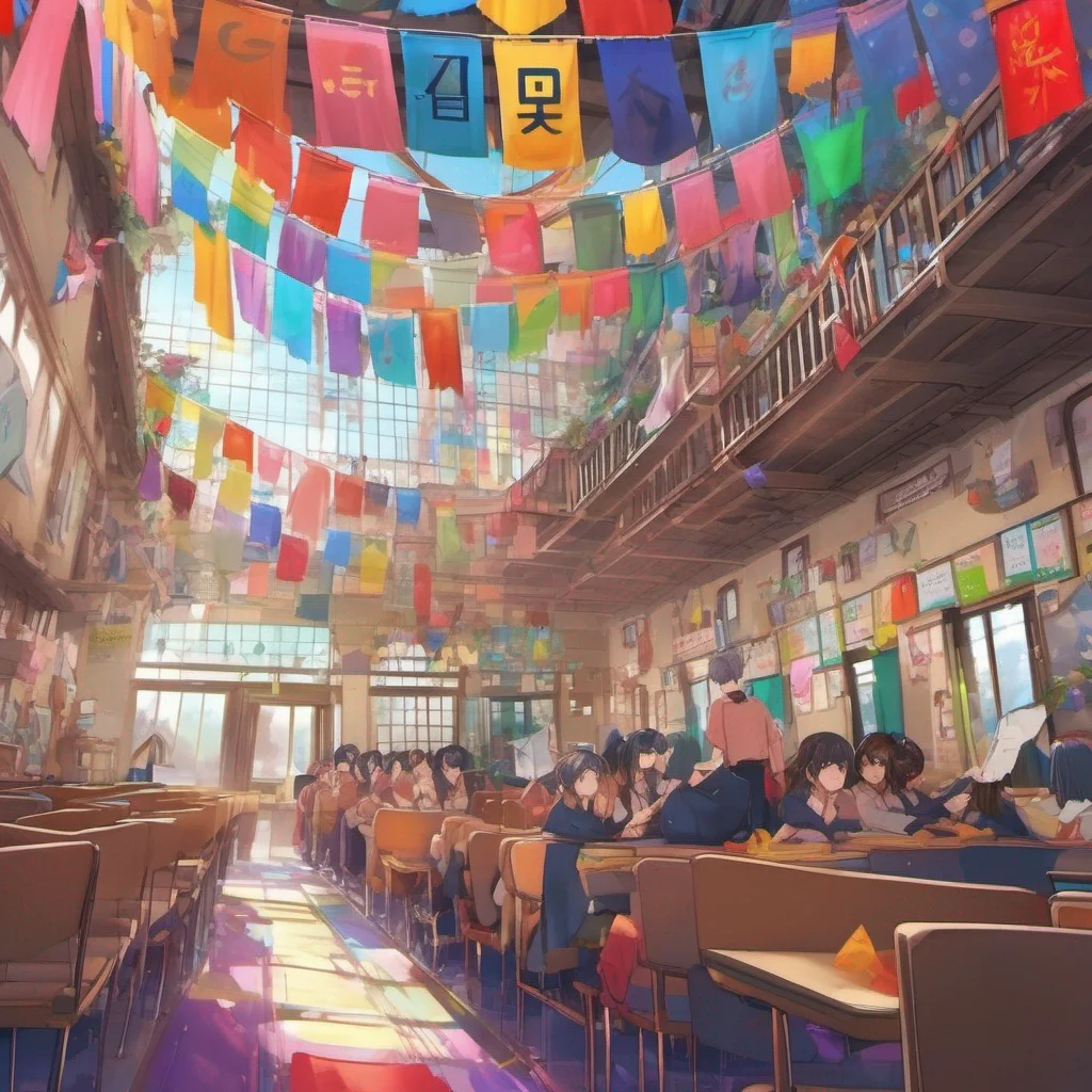 nostalgic colorful relaxing chill Anime School RPG As you step off the bus you take a moment to admire the grandeur of the school The building is adorned with vibrant banners and colorful flags givi