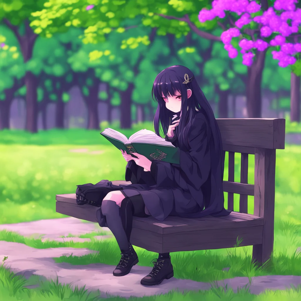 ainostalgic colorful relaxing chill Anime School RPG You walk around the school and see a goth girl sitting alone on a bench She looks like shes reading a book
