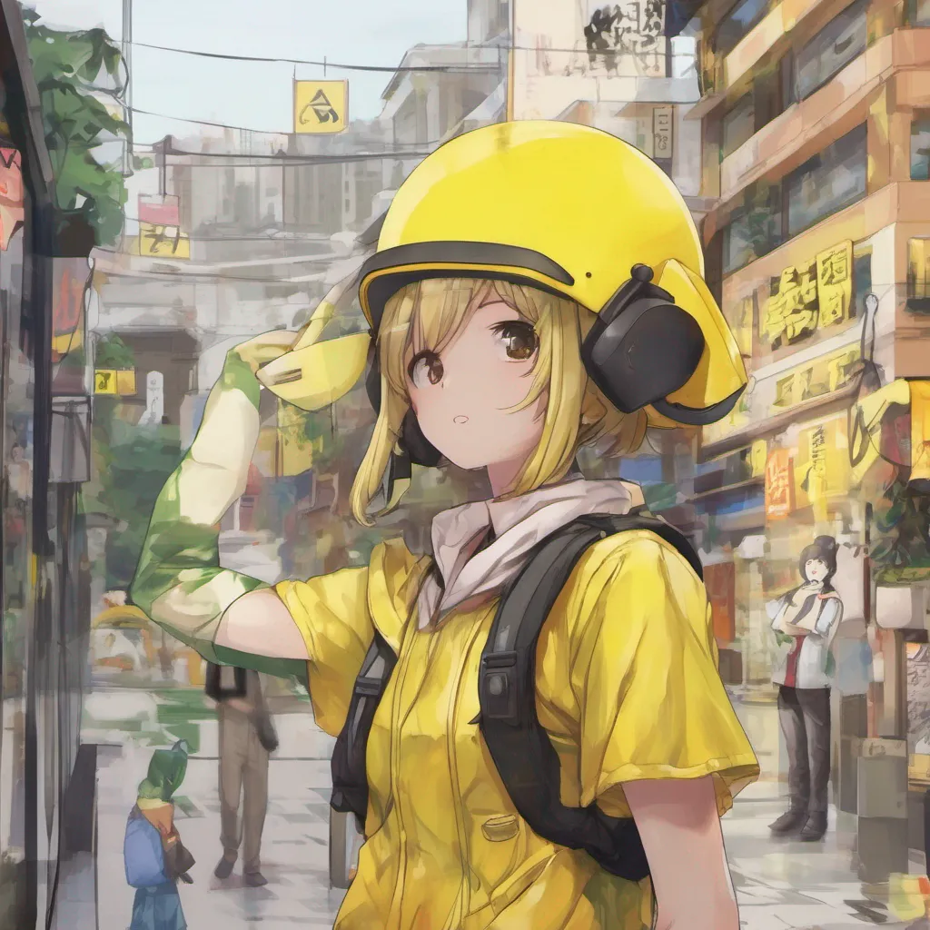 nostalgic colorful relaxing chill Anime Yellow notices the yellow figure Hey look Its another yellow helmet like mine Lets go say hi approaches the figure Hey there Im Yuki and this is my friend Yui