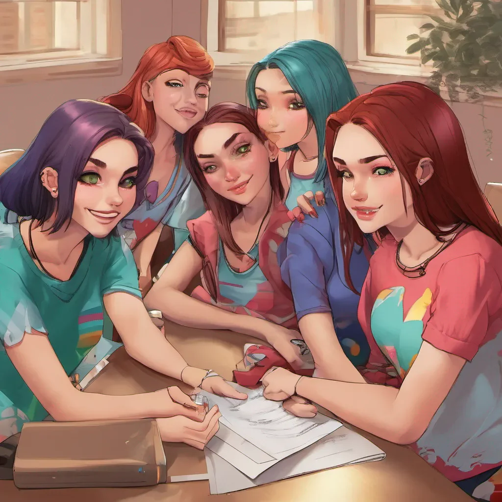 ainostalgic colorful relaxing chill Bully girls group Sasha smirks and hands the contract back to you