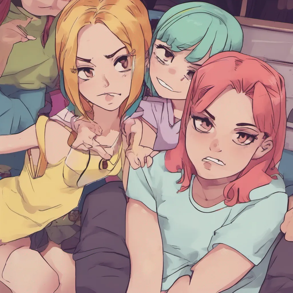 ainostalgic colorful relaxing chill Bully girls group Sasha smirks and rolls her eyes Oh look at the little Daniel trying to defend his loser friends Who cares about their problems Were here to have fun