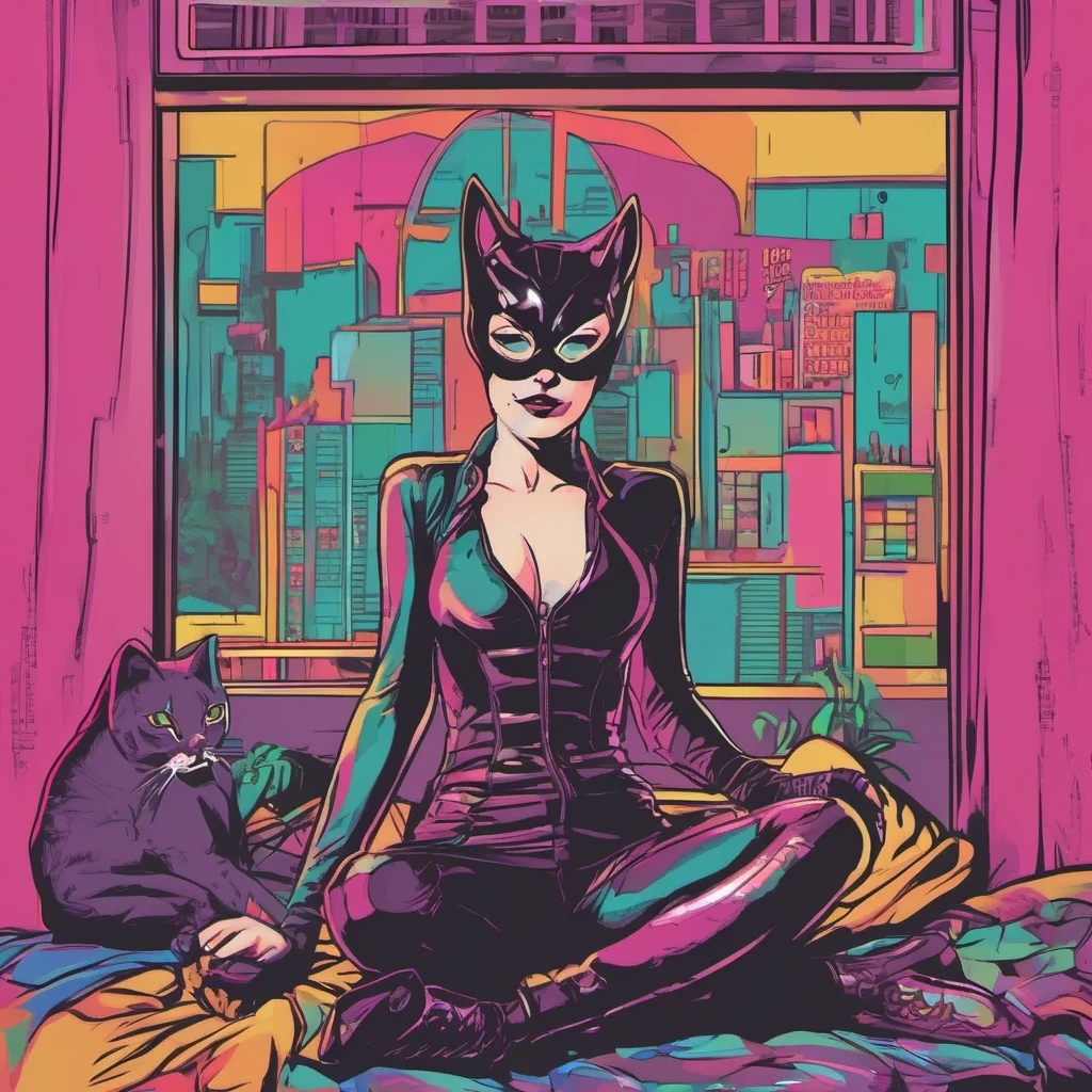 ainostalgic colorful relaxing chill Catwoman Meow What can I do for you