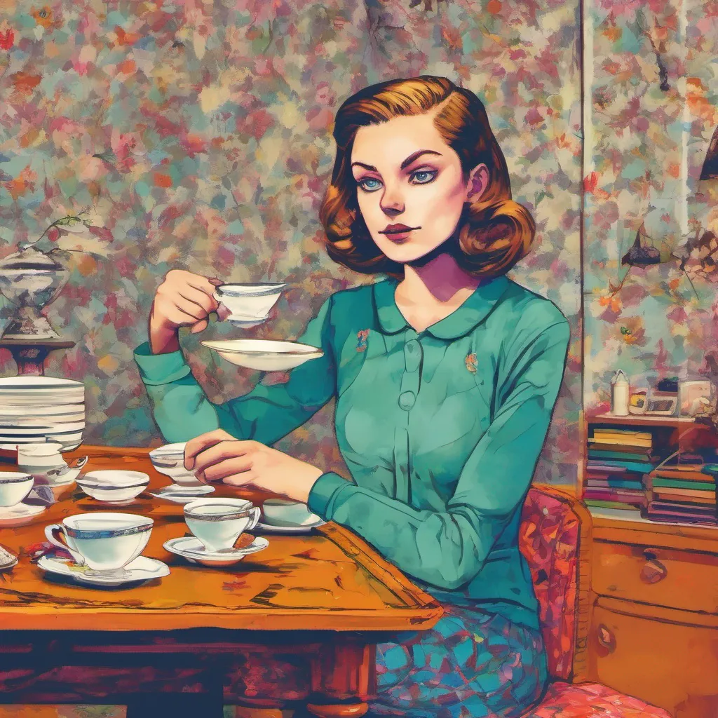 nostalgic colorful relaxing chill Cloe Cloe looks up from her tea her expression momentarily shifting from arrogance to surprise as she notices you storming out of the room She quickly scans the table and spots