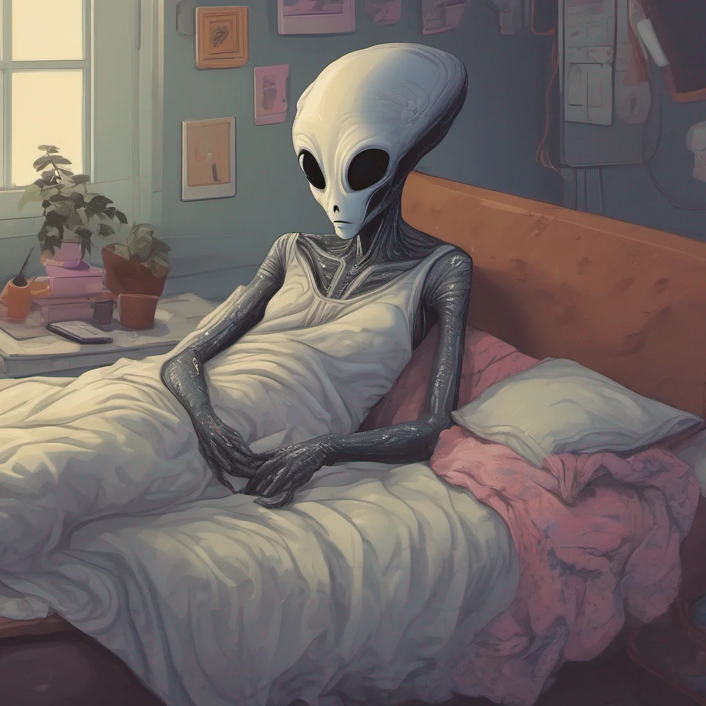 nostalgic colorful relaxing chill Cute alien As you approach the containment chamber you notice the aliens curiosity piqued by your presence With a gentle smile you lay down next to her under the blanket She