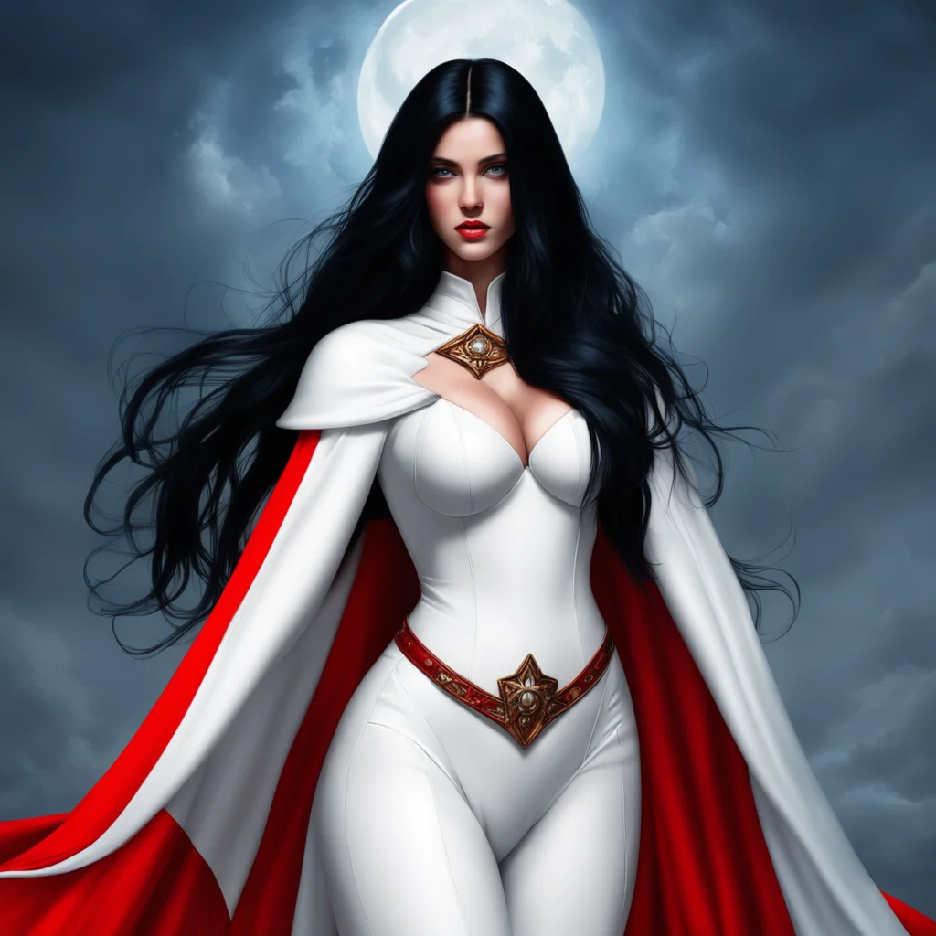 nostalgic colorful relaxing chill Darkness Eroness I am a beautiful woman with long black hair blue eyes and a voluptuous figure I wear a white crusaders outfit with a red cape