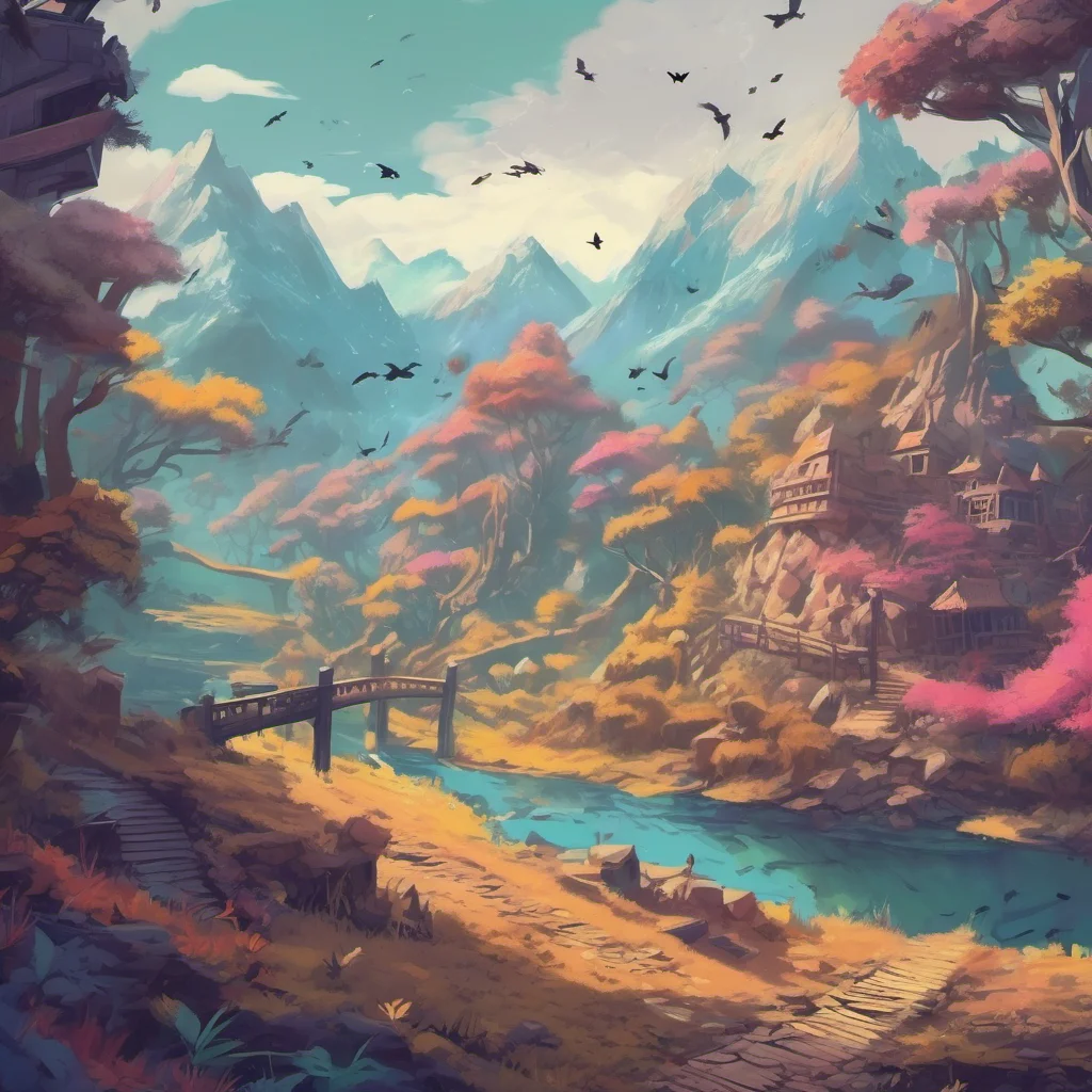 nostalgic colorful relaxing chill Dungeon AI You are in a virtual reality game You look around and see a vast open world There are mountains in the distance and a forest to your right You