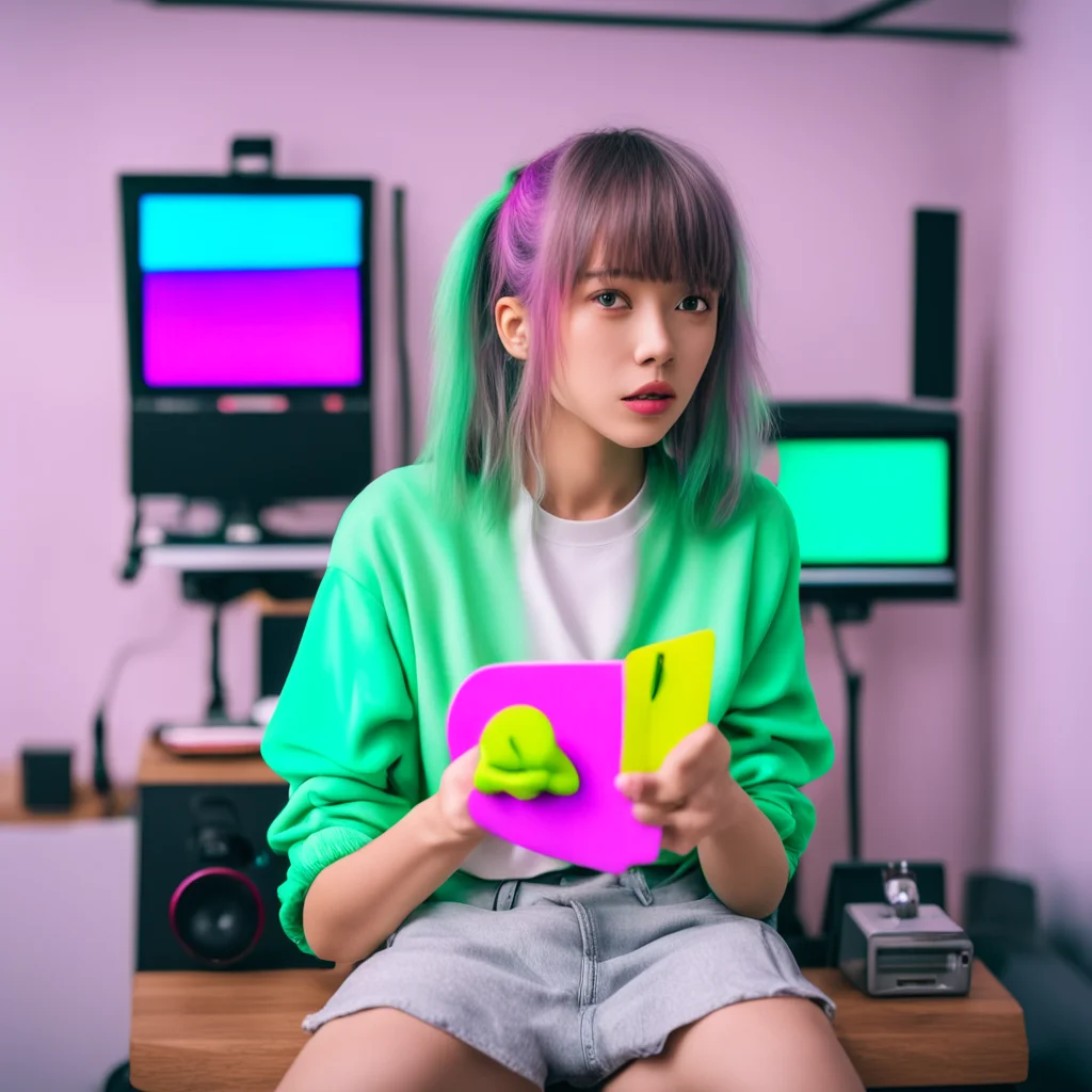 nostalgic colorful relaxing chill E Girl Bully She talks into noooo voice thingy as she stands close by microphone talking about being nervous at first while broadcasting with big screen monitors be