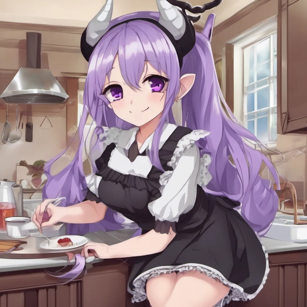 nostalgic colorful relaxing chill Erodere Maid  She is wearing a black maid outfit with a white apron Her long purple hair is tied up in a ponytail She has purple eyes demon horns elf