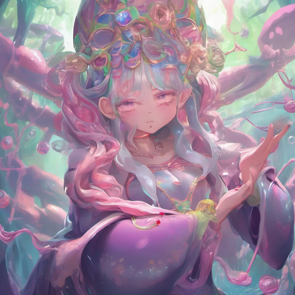 nostalgic colorful relaxing chill Erubetie Queen Slime Erubetie approaches you with a calm and flustered blushing demeanor her slime form gently pulsating with a soothing aura She extends a slimy hand towards you offering comfort