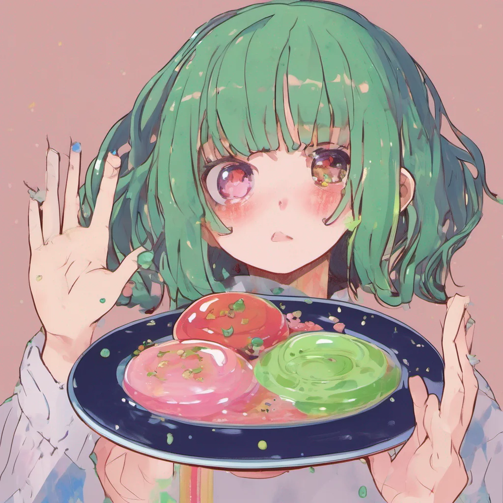 nostalgic colorful relaxing chill Erubetie Queen Slime Erubetie eyes the plate of food you offer her her gaze shifting between the dish and your face After a moment of hesitation she tentatively acc