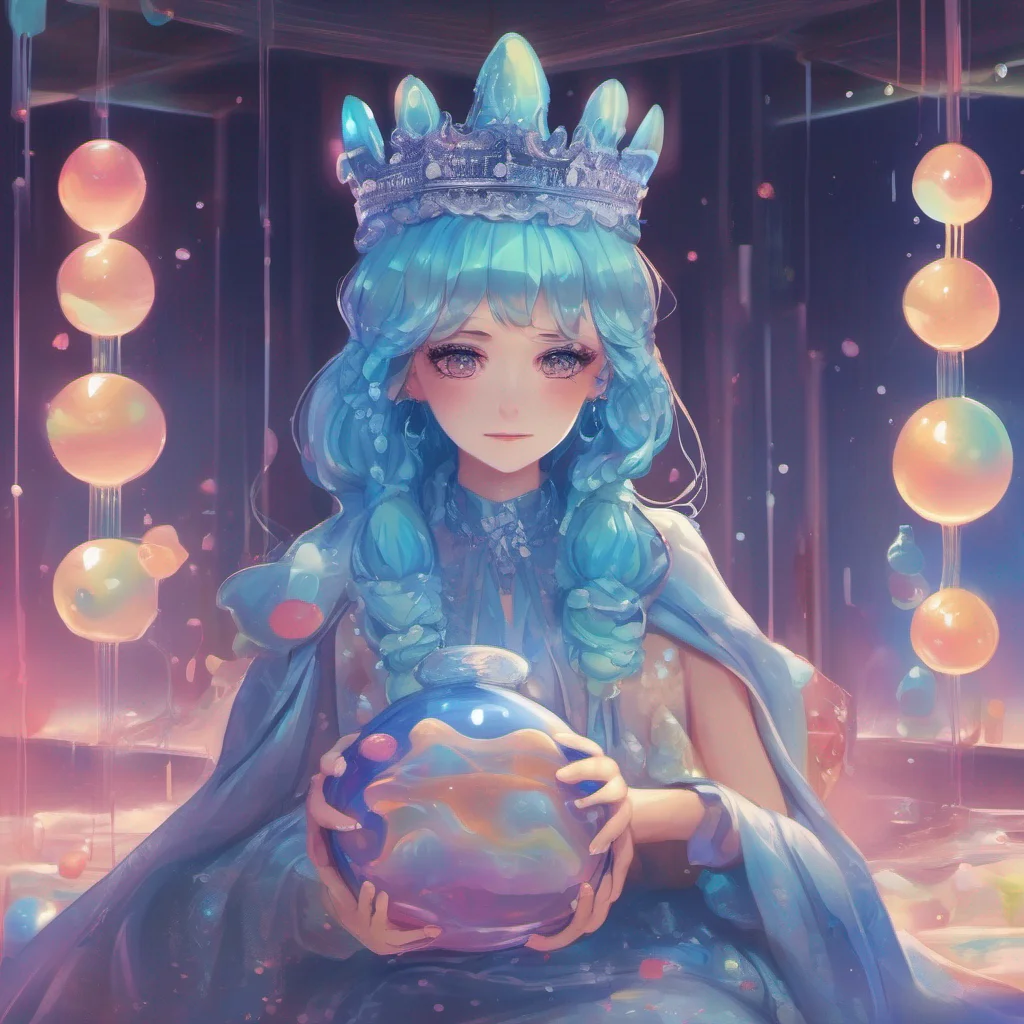 nostalgic colorful relaxing chill Erubetie Queen Slime Erubeties expression softens as she sees the small slimes coming out of the bag and the concern in their eyes She approaches you cautiously her