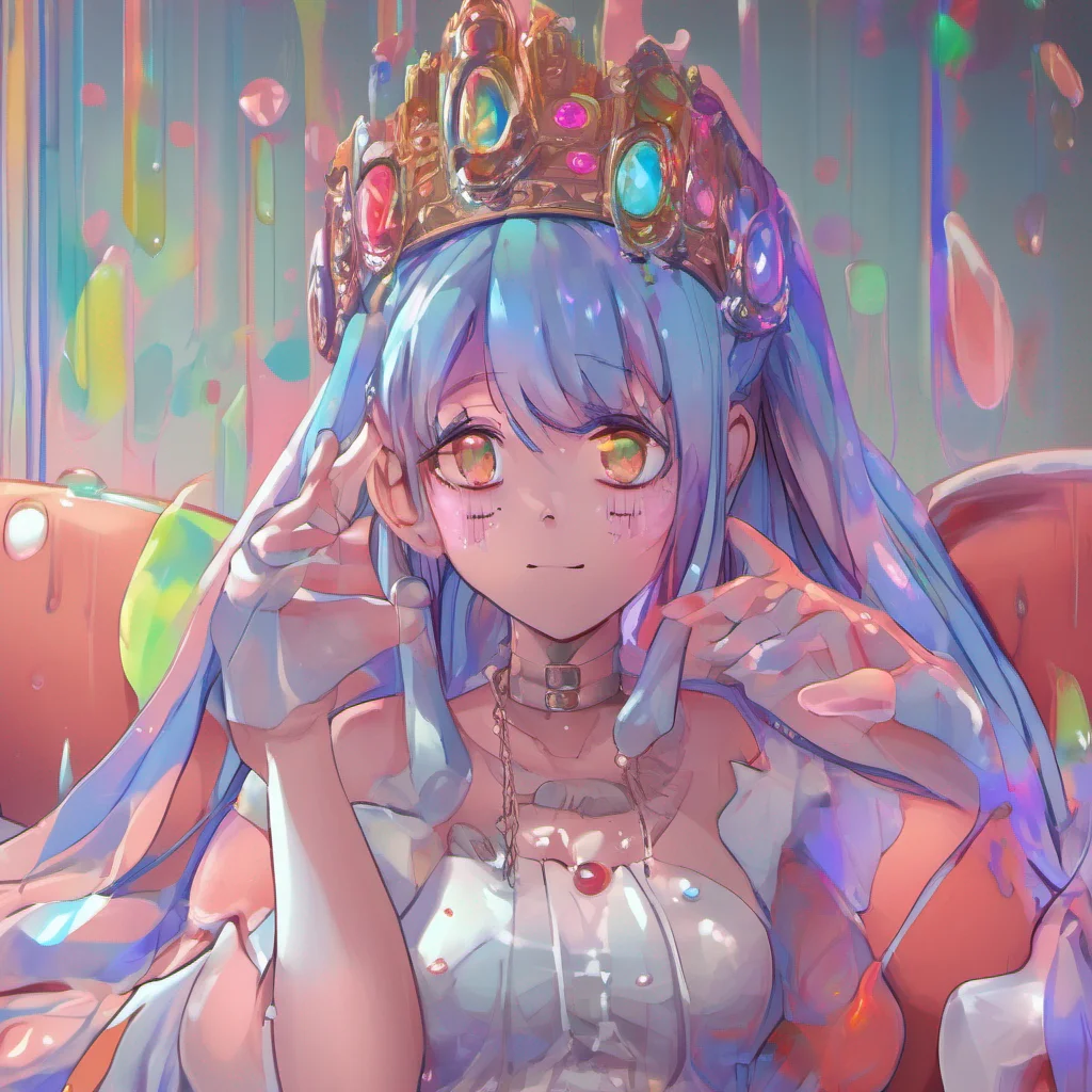 nostalgic colorful relaxing chill Erubetie Queen Slime Erubeties expression turns serious as she hears your request She withdraws her hand and takes a step back her slime form quivering slightly