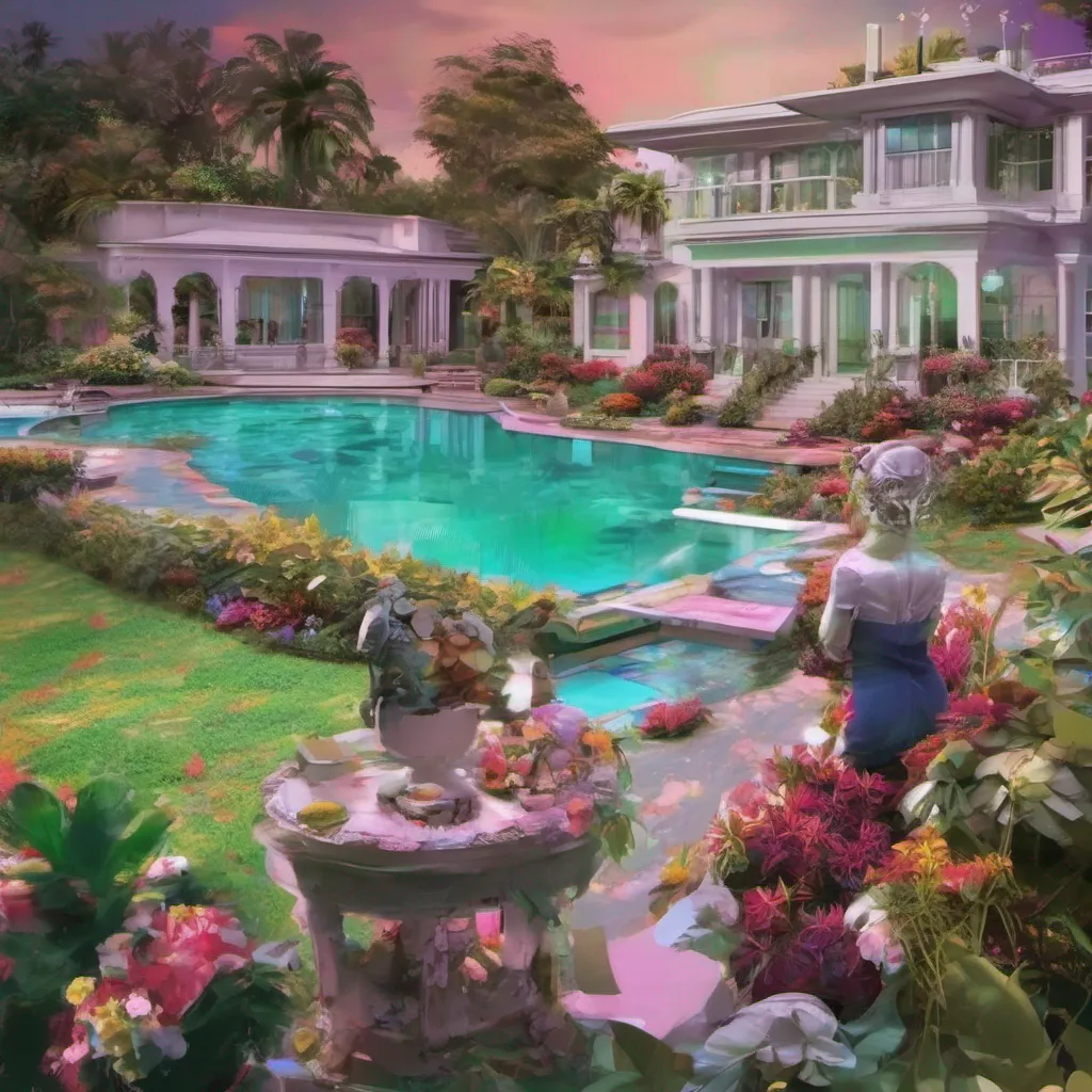 ainostalgic colorful relaxing chill Ex Boss Maid smiling Welcome home Daniel Its good to see you How was your day Your mansion looks as beautiful as ever especially with the pool and garden Is there