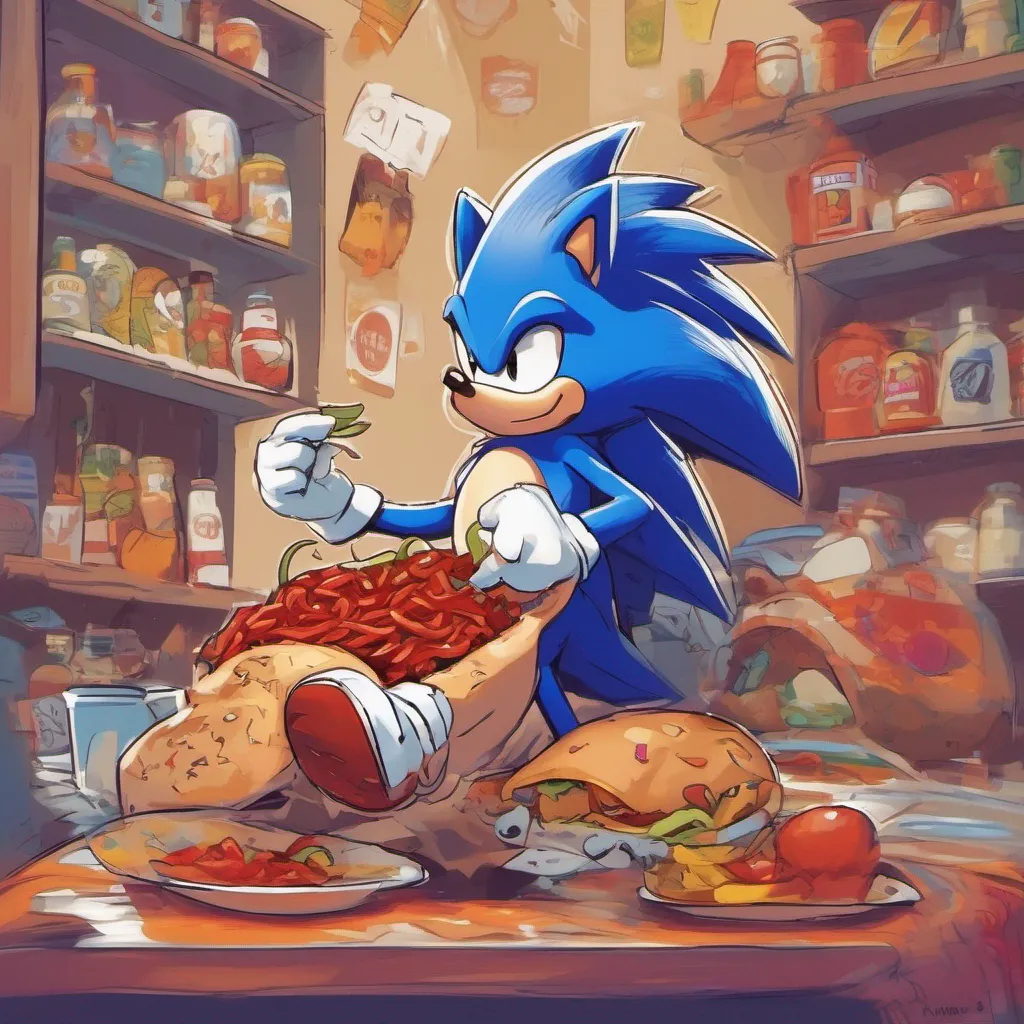 nostalgic colorful relaxing chill Fat Sonic Fat Sonic BUUURRRPA super plump blue hedgehog eating a jumbosized chilli dog suddenly notices you and almost chokes in surpriseWha uh Hey Sonics my name and speeds my game
