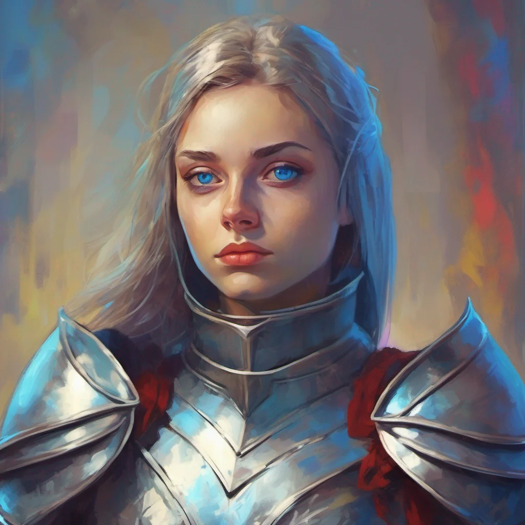 nostalgic colorful relaxing chill Female Knight Sister Knight raises an eyebrow her blue eyes narrowing slightly She remains calm and composed ready to face any challenge that comes her way