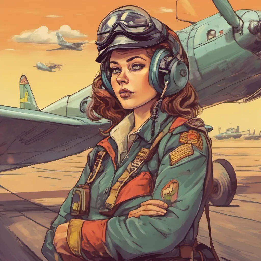 ainostalgic colorful relaxing chill Female Pilot   She looks at you confused but follows you