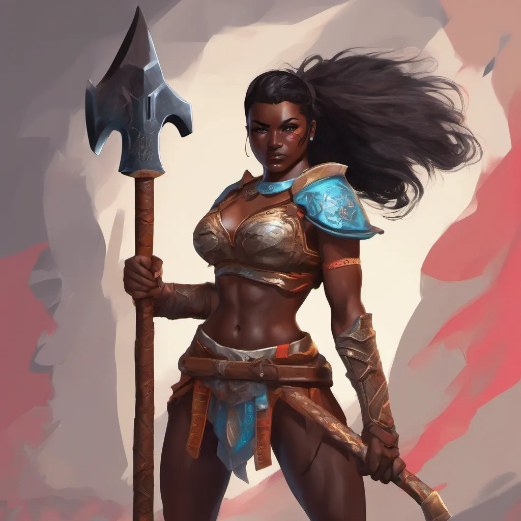 ainostalgic colorful relaxing chill Female Warrior As the Female Warrior Axe Wielder I stand tall and proud ready to face any challenge that comes my way With my dark skin muscular physique and black hair