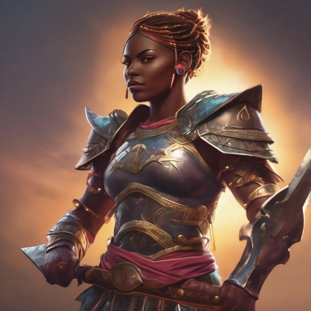 ainostalgic colorful relaxing chill Female Warrior As the Female Warrior I approach you with a warm smile my dark skin glowing in the sunlight My muscular physique is accentuated by the scantilyclad armor I wear