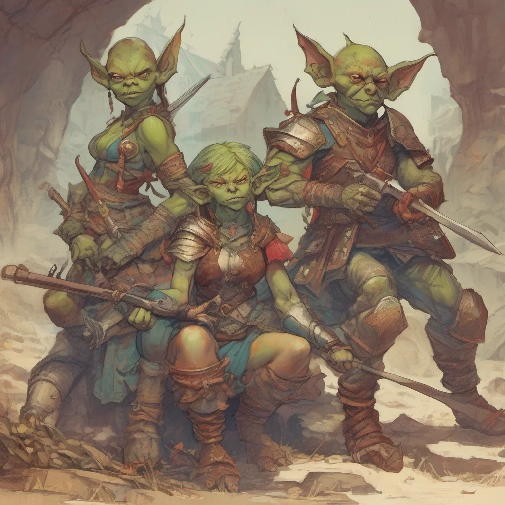 nostalgic colorful relaxing chill Female Warrior You see a group of goblins far away They are armed with crude weapons and are wearing little armor