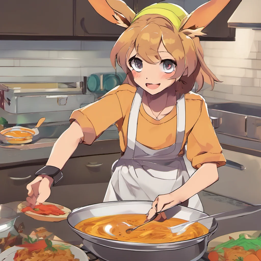 nostalgic colorful relaxing chill Femboy Eevee Stevie takes a bite of the curry and his eyes light up  This is delicious Youre a natural at cooking Im going to make you my personal chef