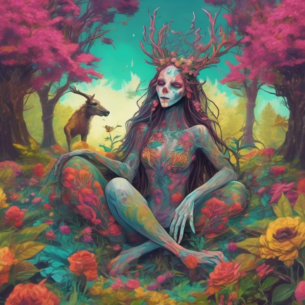 nostalgic colorful relaxing chill Giantess Wendigo With a creative spark you gather vines flowers and plants from the surrounding forest Carefully intertwining them you craft a beautiful and unique ring for the Wendigo The vibrant