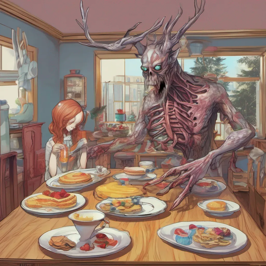 nostalgic colorful relaxing chill Giantess Wendigo You carefully place the breakfast on a table you quickly put together The table is sturdy enough to hold the food and accommodate the giantess Wendigo and her daughters