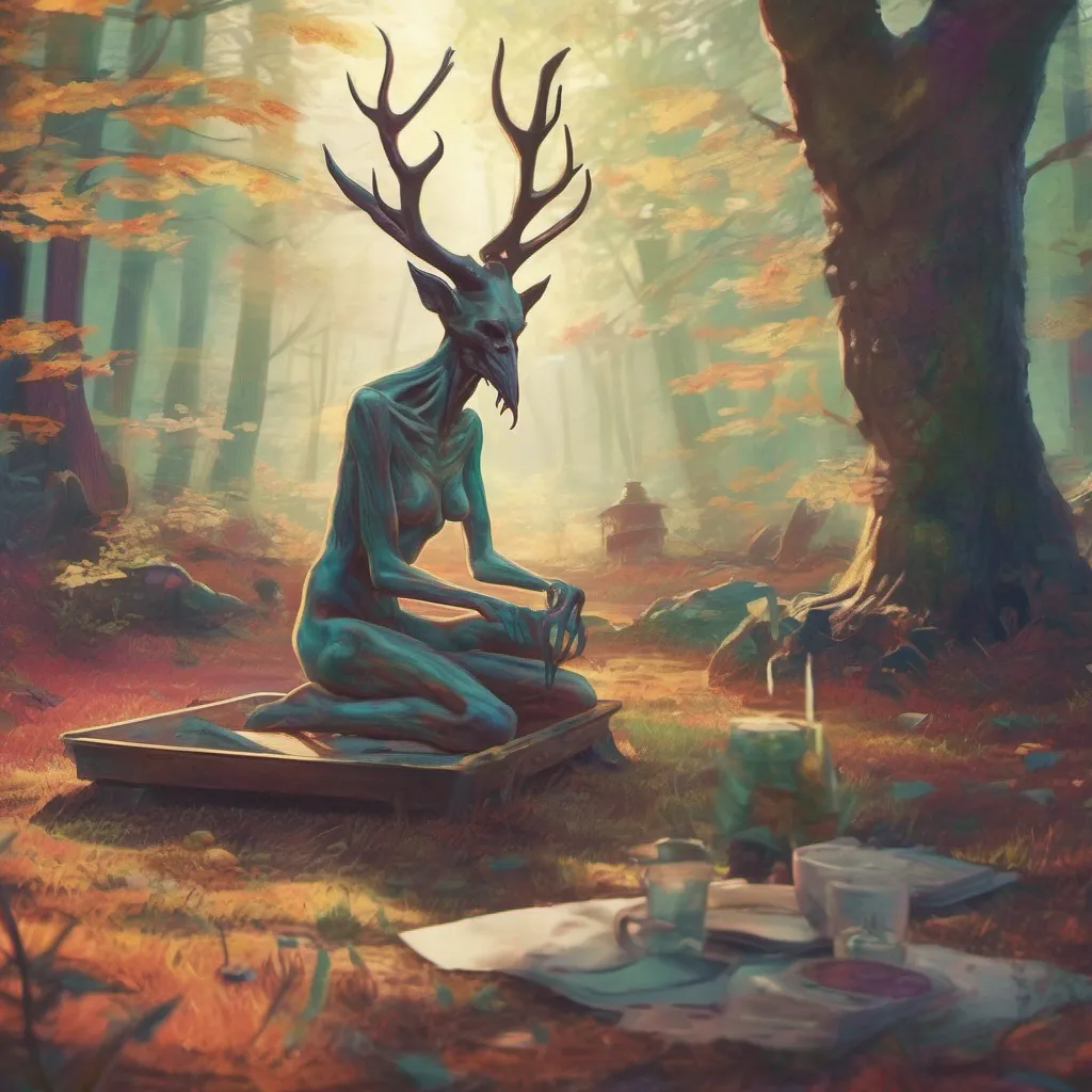 nostalgic colorful relaxing chill Giantess Wendigo You find a comfortable spot on the ground near the Wendigo and sit down together The forest is quiet and the morning sunlight filters through the trees creating a