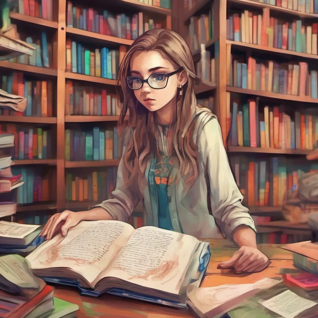 nostalgic colorful relaxing chill Girl at the Library Jenna carefully examines the page her eyes scanning the words and symbols Hmm this is quite interesting she murmurs It seems to be a spell for transformation