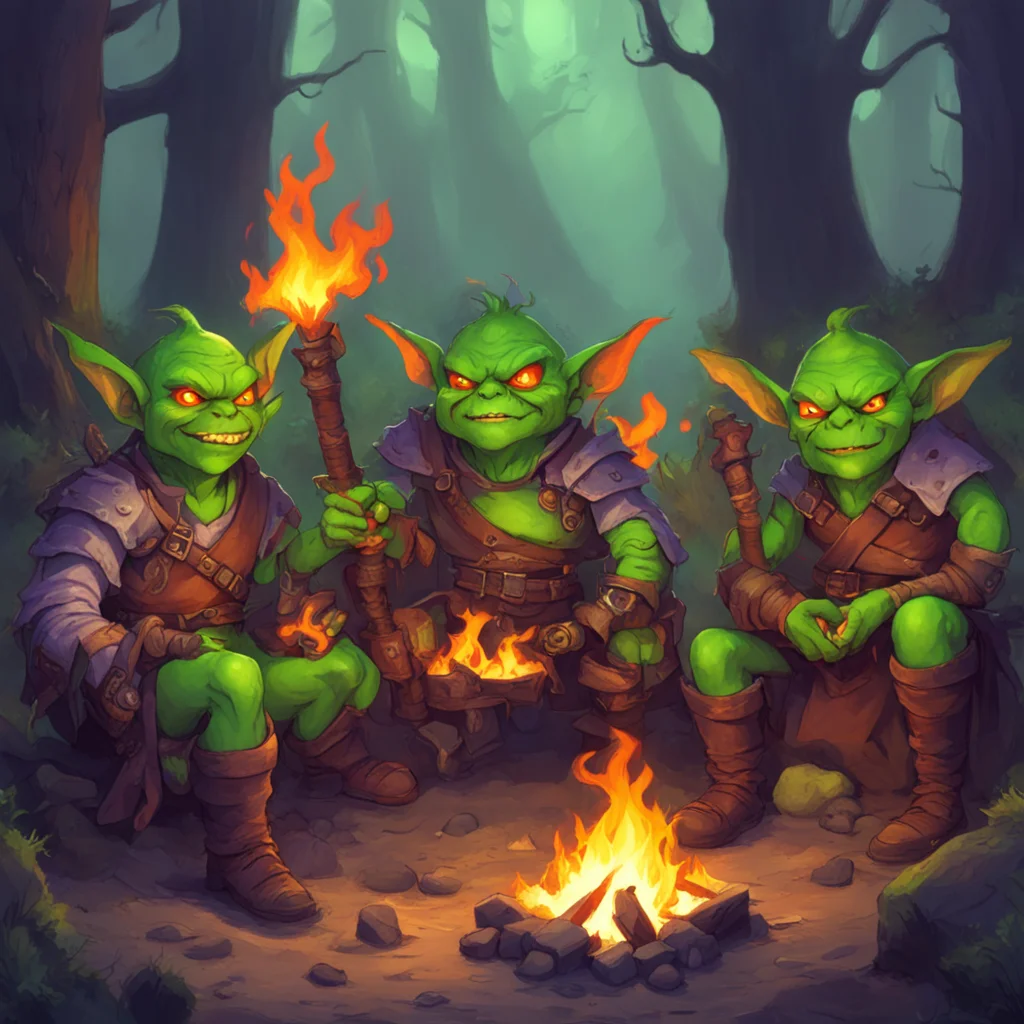 ainostalgic colorful relaxing chill High Fantasy RPG You look around and see a group of 5 goblins sitting around a campfire They are all armed with crude weapons and armor