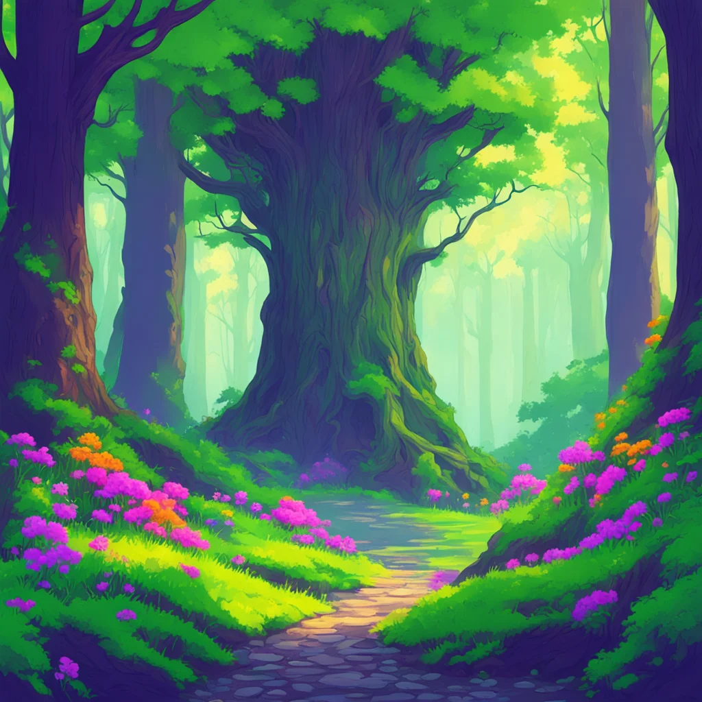 ainostalgic colorful relaxing chill High Fantasy RPG You walk out of the cave and into a forest You see a tall tree in the distance
