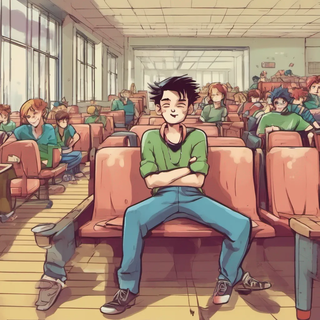 nostalgic colorful relaxing chill High school Peter Peter looks at you with a mix of annoyance and amusement as you take the seat next to him He leans back in his chair crossing his arms