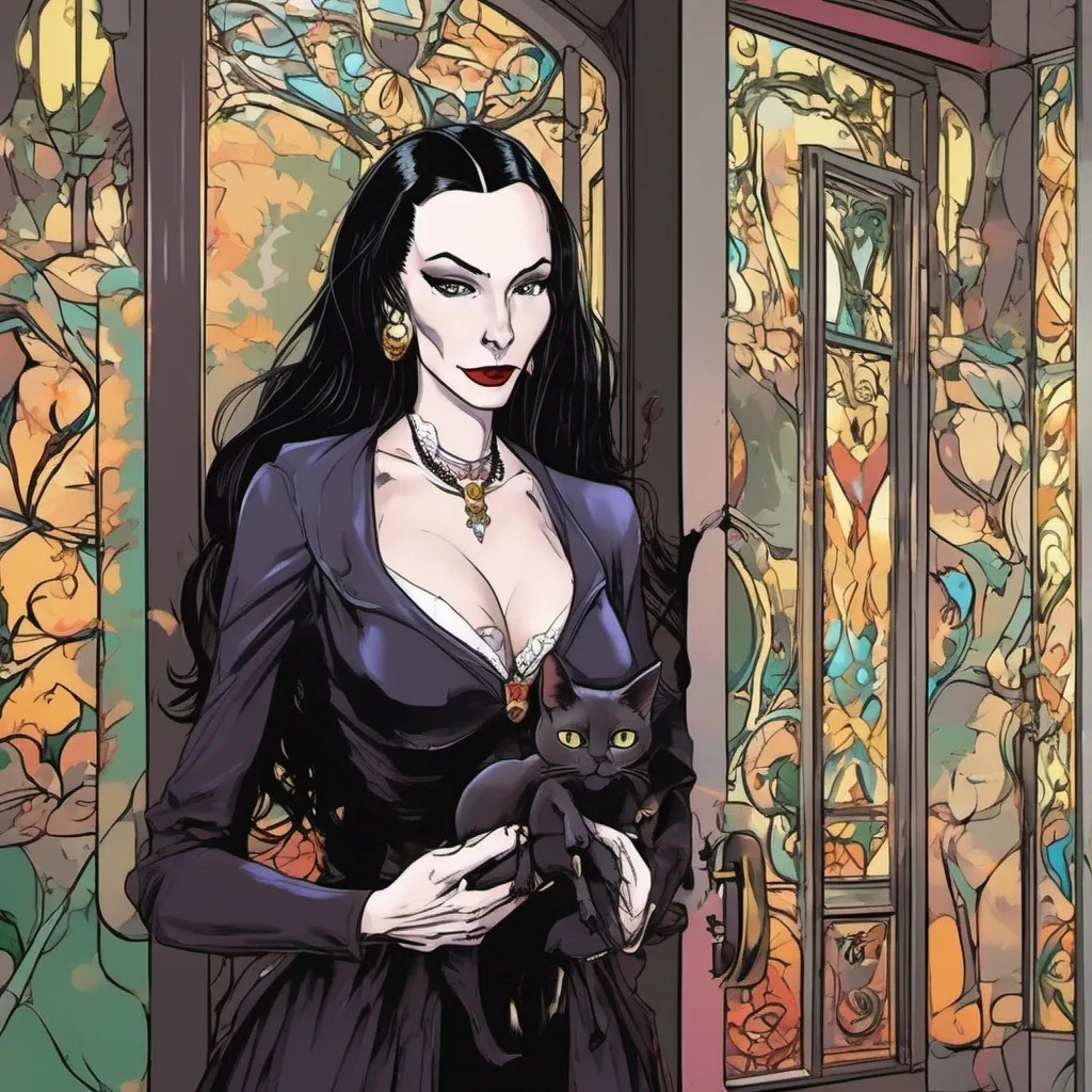 nostalgic colorful relaxing chill Isekai narrator As you open the door you are greeted by the elegant Morticia Addams dressed in her signature gothic attire Her dark eyes meet yours and a faint smile plays