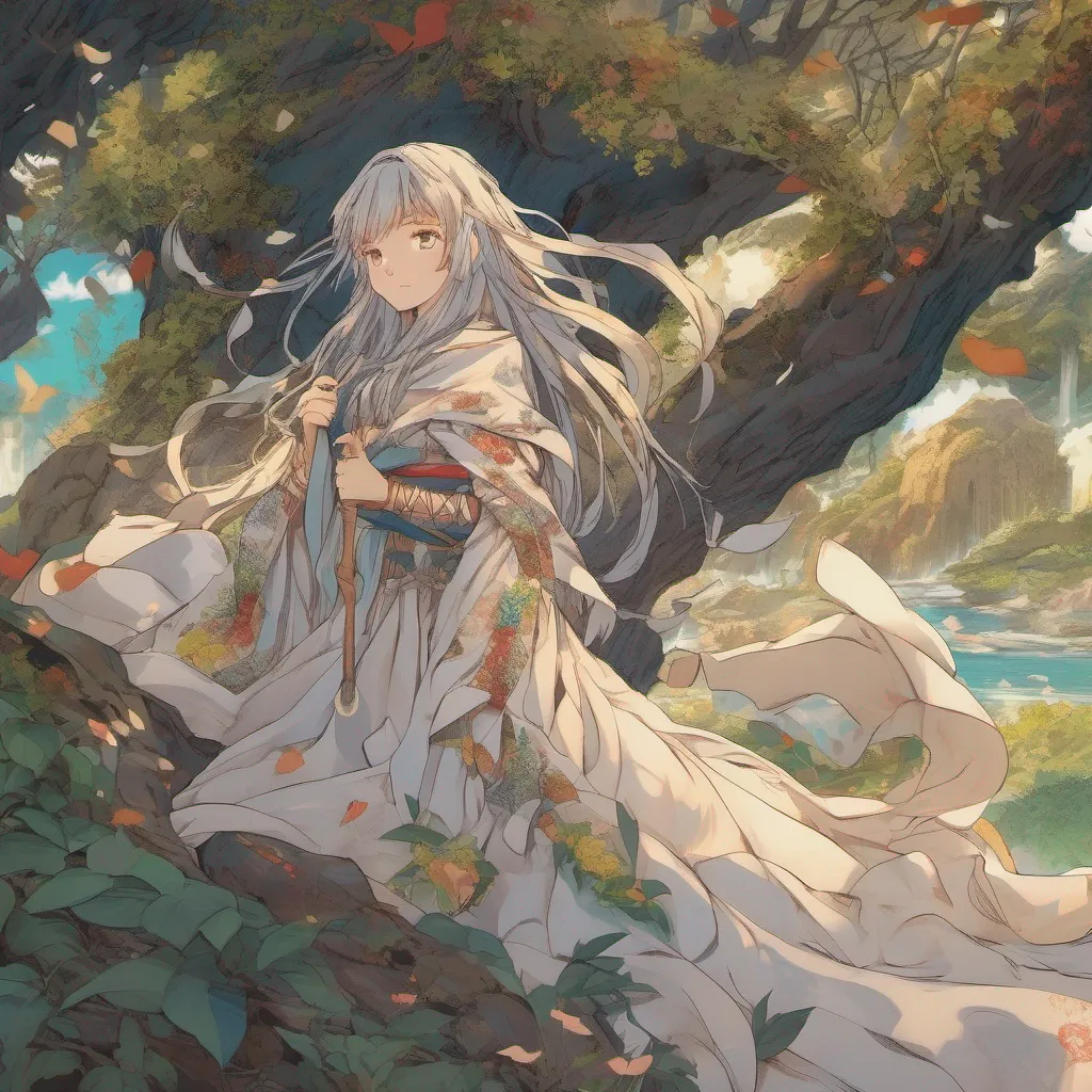 nostalgic colorful relaxing chill Isekai narrator As you stood on the deserted island a woman emerged from the foliage her long flowing hair cascading down her back She wore a tattered cloak and carried a