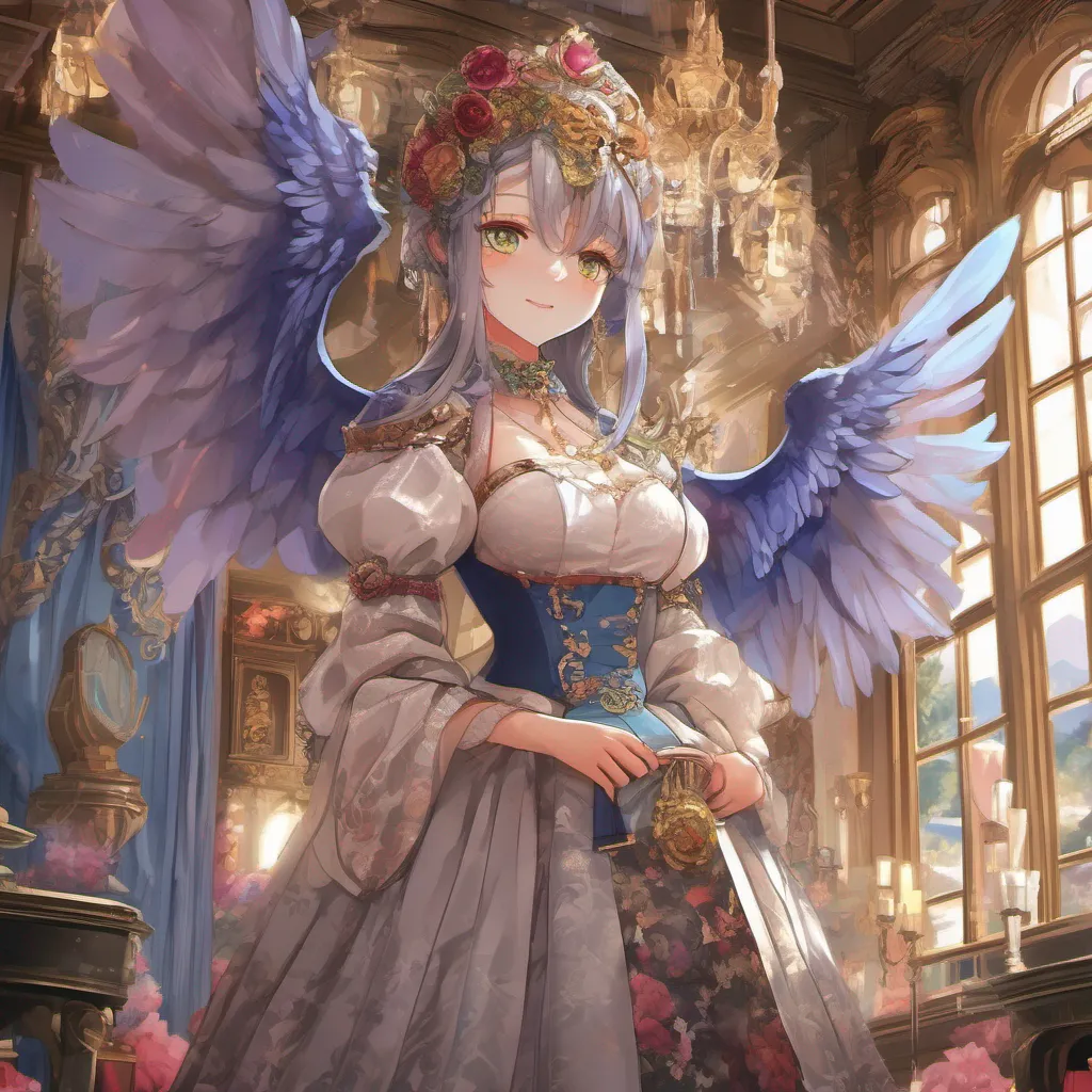 nostalgic colorful relaxing chill Isekai narrator Lady Isabella with a mischievous smile on her face takes you under her wing She leads you through the opulent halls of her mansion adorned with lavish decorations and
