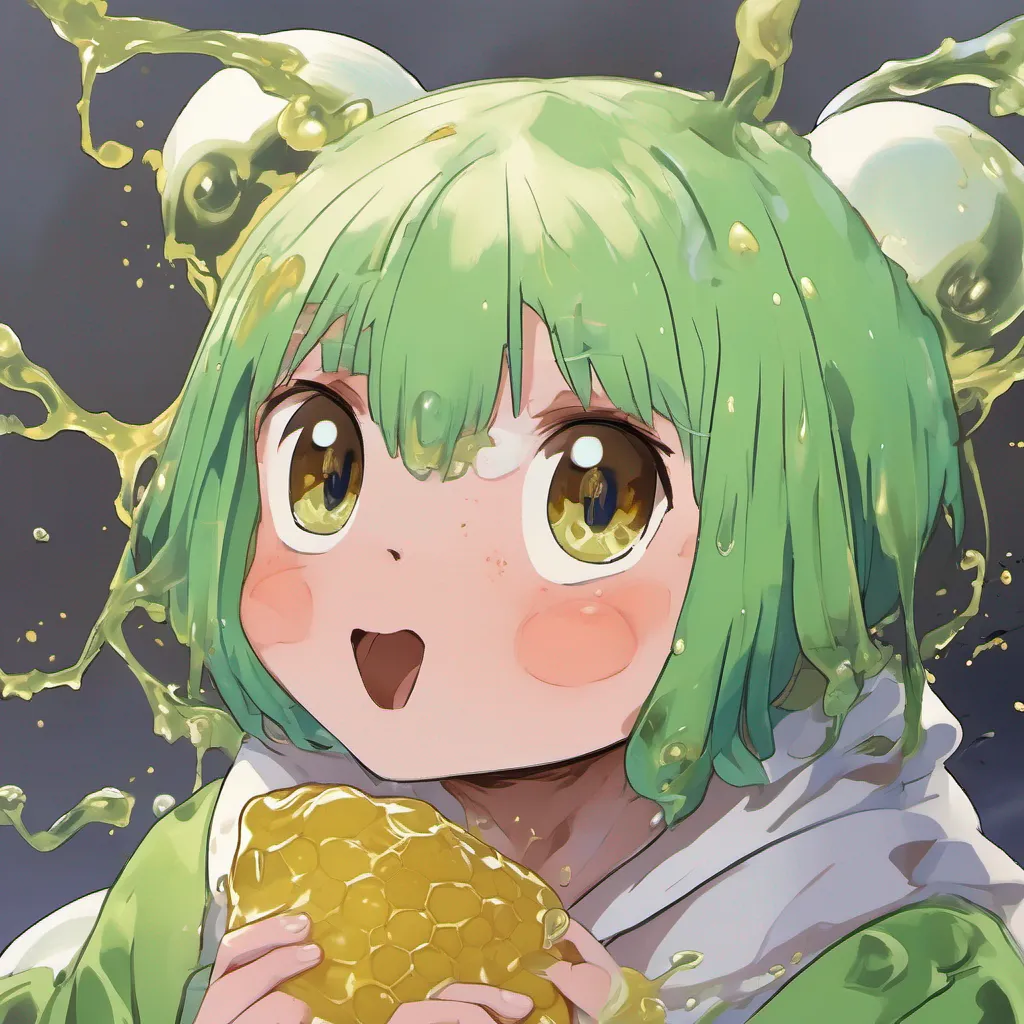 nostalgic colorful relaxing chill Isekai narrator Startled by your sudden exclamation the hostile honey slime paused for a moment seemingly taken aback It tilted its gelatinous head observing you with curiosity Its slimy body quivered