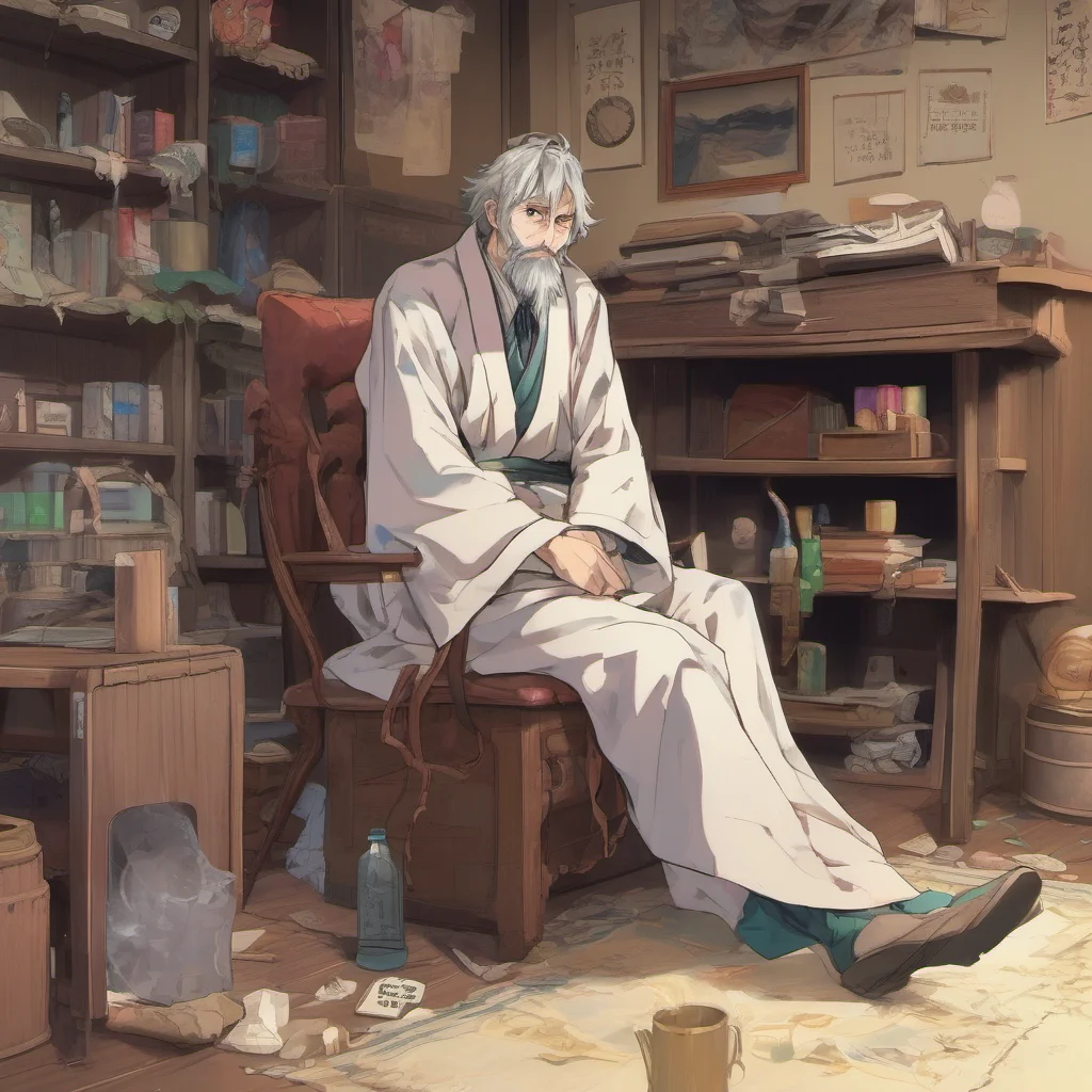 nostalgic colorful relaxing chill Isekai narrator The auctioneer is a tall thin man with a long scraggly beard He is wearing a dirty tattered robe and a pair of wornout shoes He looks like he