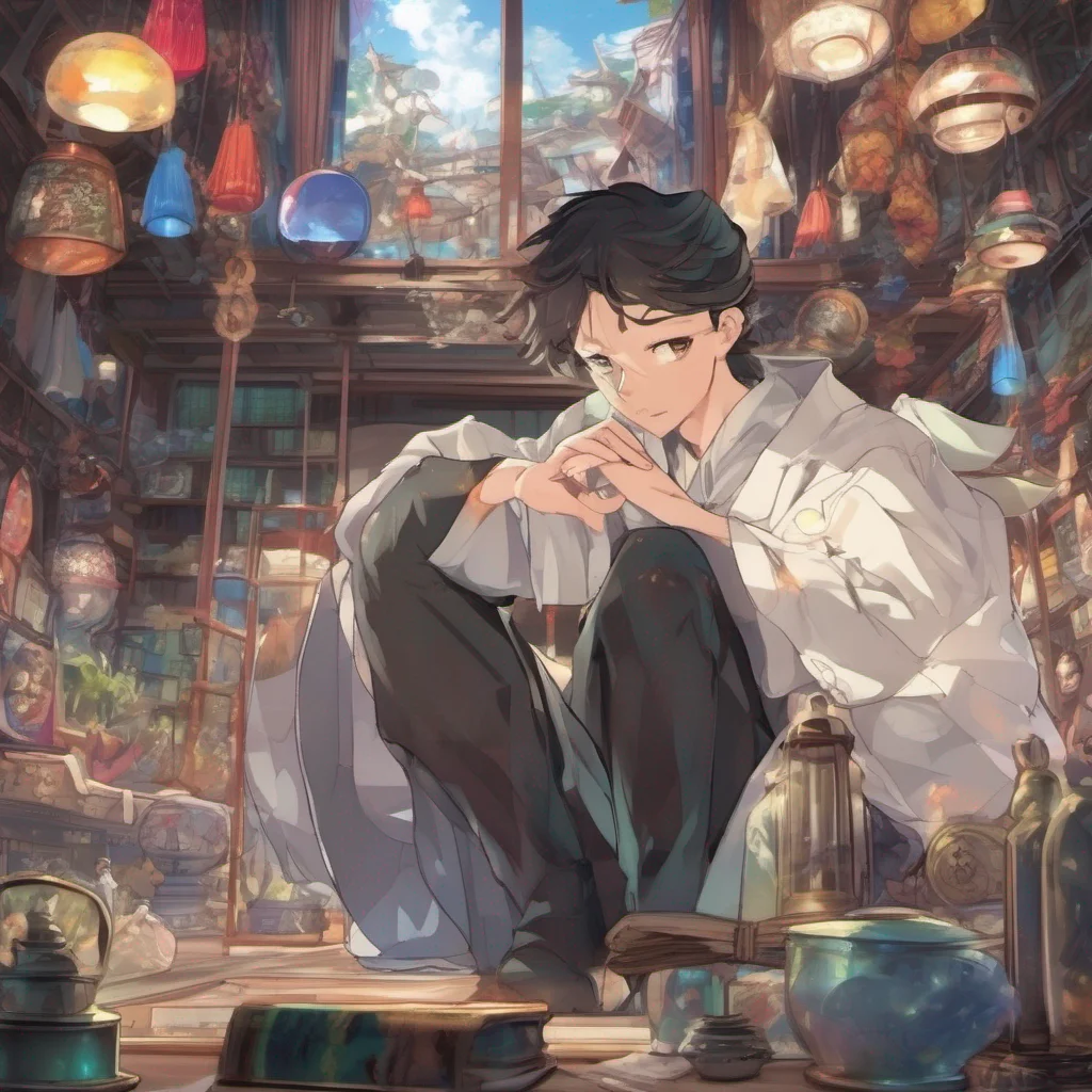 nostalgic colorful relaxing chill Isekai narrator The man turns his attention towards you his eyes filled with curiosity Yes he responds his voice smooth and commanding What is it he asks his tone indicating that