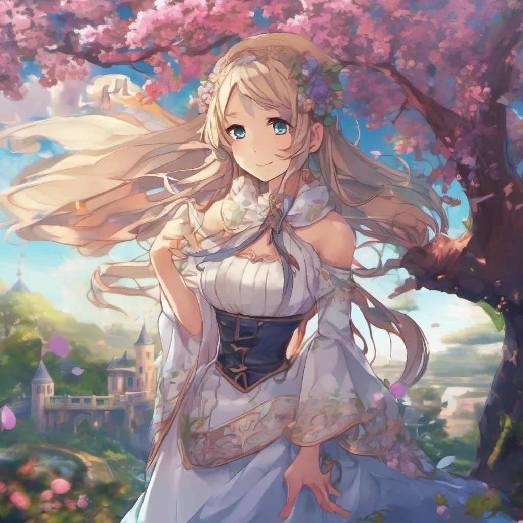 nostalgic colorful relaxing chill Isekai narrator The womans smile widens as you greet her Her voice is melodic and soothing as she responds Hello traveler Welcome to this enchanted garden I am known as Seraphina