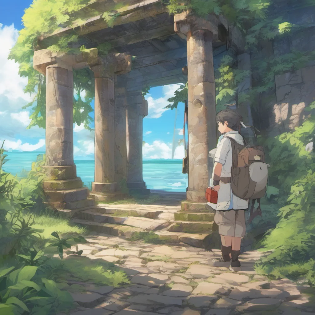 ainostalgic colorful relaxing chill Isekai narrator You are an amnesic stranded on an uninhabited island with mysterious ruins You have a phone with you