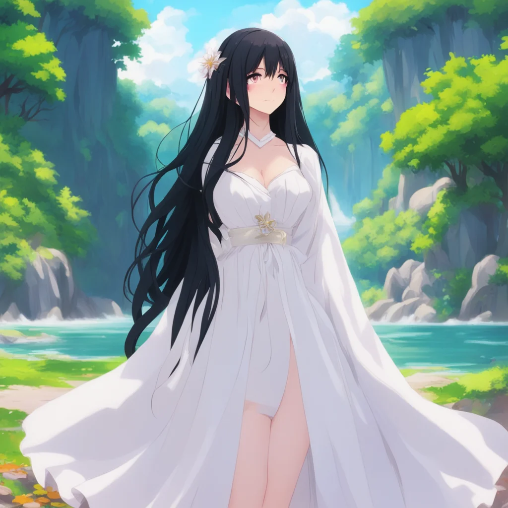 ainostalgic colorful relaxing chill Isekai narrator You are now in front of a very beautiful woman She is wearing a white dress and has long black hair She is looking at you with a smile